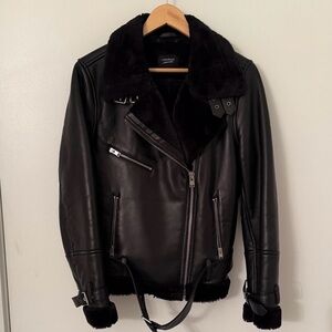 Lamarque Zoe Black Faux Shearling Leather Moto Jacket